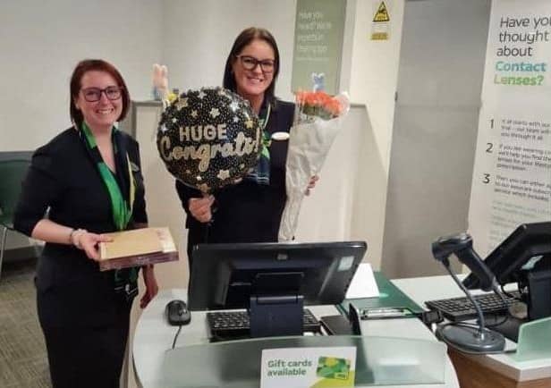 Hannah Beale (right) is celebrating 19 years at Hucknall Specsavers. Photo: Submitted