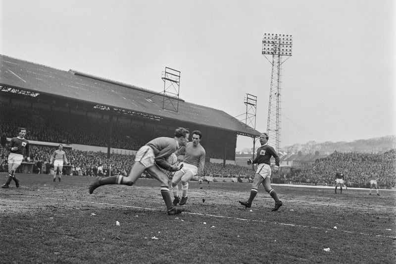 English footballer Jeff Whitefoot of Nottingham Forest during an FA Cup 5th round match against Crystal Palace at Selhurst Park in London, UK, 20th February 1965. The score was 3-1 to Crystal Palace.