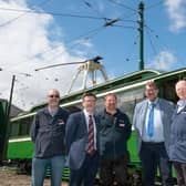 Pictured during tram testing ahead of the relaunch of services at Crich, with one of the new masts in the background, are (from left): Dr Mike Galer, Phil Terry, Graeme Wigglesworth, Trevor Stocker, Glenn Oakes