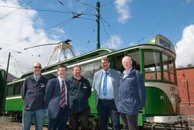 Pictured during tram testing ahead of the relaunch of services at Crich, with one of the new masts in the background, are (from left): Dr Mike Galer, Phil Terry, Graeme Wigglesworth, Trevor Stocker, Glenn Oakes