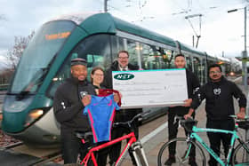 Pictured at the Wilkinson Street tram stop are, from left: Andy Harris (Pythian Club volunteer), Rebecca Horne (NET business rngagement manager), Trevor Locker (NET head of operations) Ben Rosser (Pythian Club founder), Mandeep Grover (Pythian Club volunteer). Photo: Submitted