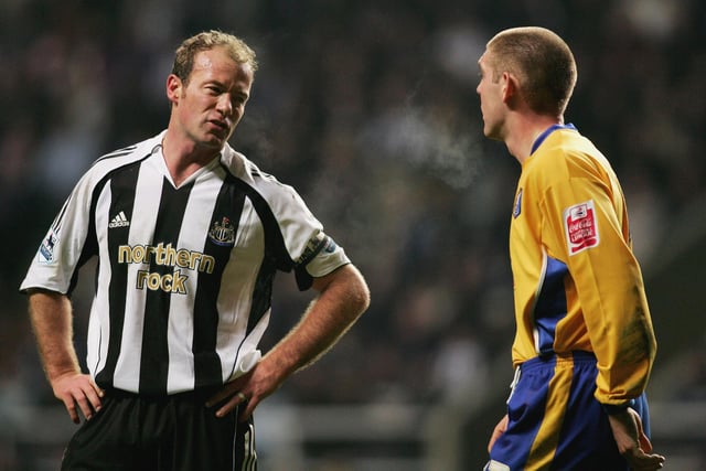 Alan Shearer exchanges words with Jake Buxton.