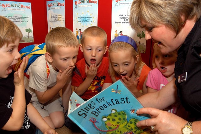 Helen Cordin reads bug stories at the Big Wild Read at Hucknall library. Also pictured are Finlay Dolby, Luke Oliver, Ryan Lomax, Bobbie Lomax and Toni Lomax.