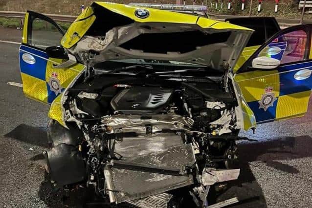 A Nottinghamshire Police car was left badly damaged after it was rammed by a van during a high-speed chase on the M1. Photo: Nottinghamshire Police