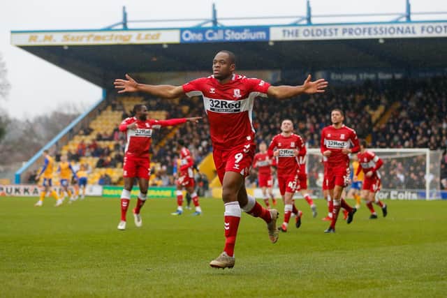 Middlesbrough striker Uche Ikpeazu celebrates his stunning early goal on Saturday. Picture by Chris Holloway/The Bigger Picture.media
