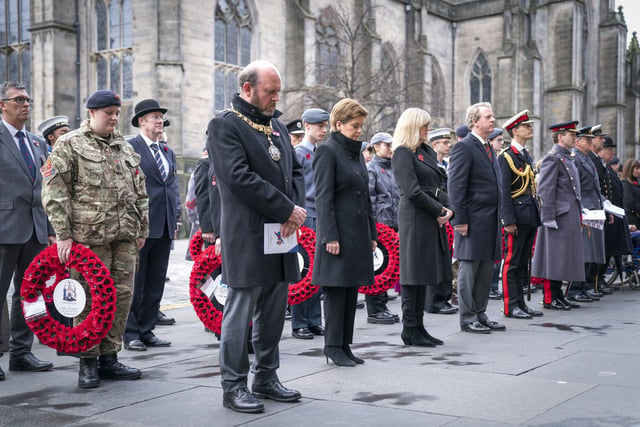 Edinburgh Lord Provost Frank Ross, First Minister of Scotland Nicola Sturgeon, Presiding Officer of the Scottish Parliament Alison Johnstone and Scottish Secretary Alister Jack during the Remembrance Sunday service at the Stone of Remembrance outside Edinburgh City Chambers in Edinburgh. Jane Barlow/PA