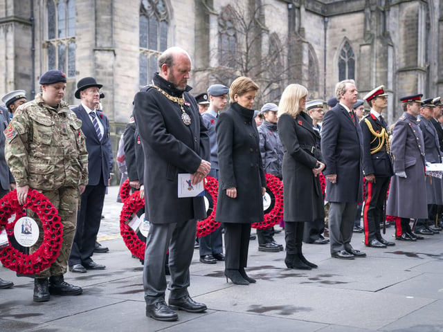 Edinburgh Lord Provost Frank Ross, First Minister of Scotland Nicola Sturgeon, Presiding Officer of the Scottish Parliament Alison Johnstone and Scottish Secretary Alister Jack during the Remembrance Sunday service at the Stone of Remembrance outside Edinburgh City Chambers in Edinburgh. Jane Barlow/PA
