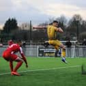 Defender Stef Galinksi heads home Basford United’s opener in their FA Trophy win over Felixstowe and Walton United at Greenwich Avenue on Saturday afternoon (CREDIT: Craig Lamont)