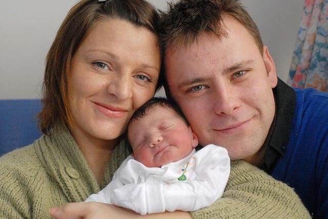 Sarah Gregory with her baby Isla Rose Adams who was born at 02.41am on New Year's Day 2010. She was the first baby in the Mansfield/Ashfield area to be born on New Year's Day. Pictured with dad Jon Adams, weighing 7lbs 6oz.