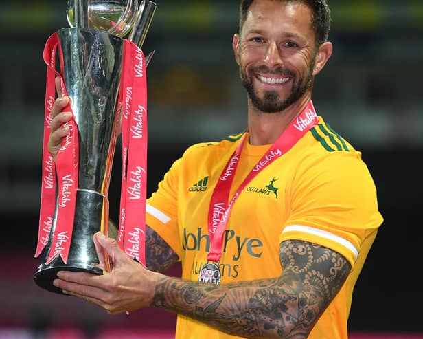 Peter Trego poses with the Vitality Blast trophy after Notts Outlaws' win in 2020. (Photo by Alex Davidson/Getty Images)