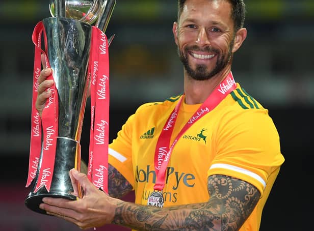Peter Trego poses with the Vitality Blast trophy after Notts Outlaws' win in 2020. (Photo by Alex Davidson/Getty Images)