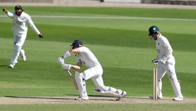 Gareth Harte of Durham is bowled by Steven Mullaney. (Photo by David Rogers/Getty Images)