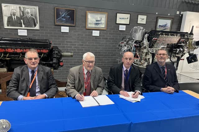 Hucknall flight test museum trustees signing the lease to renovate and restore the site ready to re-open. Photo: Submitted