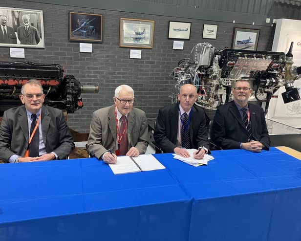 Hucknall flight test museum trustees signing the lease to renovate and restore the site ready to re-open. Photo: Submitted