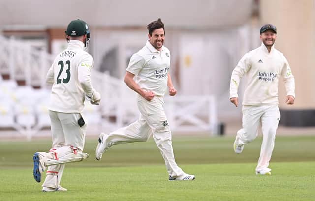Steven Mullaney of Nottinghamshire celebrates the wicket of Ned Eckersley of Durham with Ben Duckett and Tom Moores during the LV Insurance County Championship match between Nottinghamshire and Durham at Trent Bridge on April 08, 2021 in Nottingham, England.  (Photo by Laurence Griffiths/Getty Images)