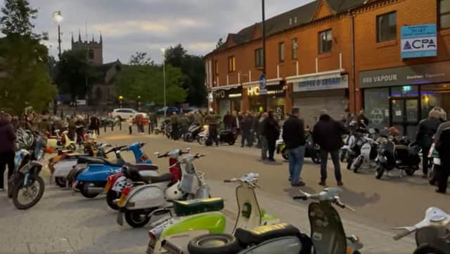 EMSA members scooters lined up on Hucknall's High Street this week. Video image: Greg Clements/The Cowshed at Hucknall