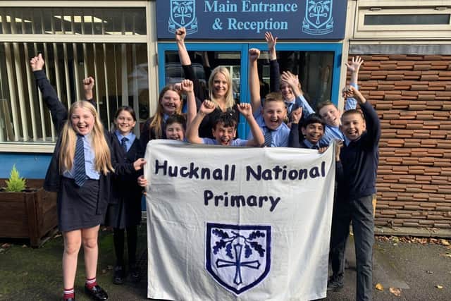 Staff and pupils at Hucknall National Primary celebrate their Ofsted result