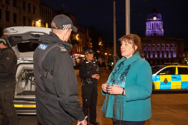 Nottinghamshire PCC Caroline Henry chats to officers in the city centre after a new scheme to help women feel safe on nights out started last weekend