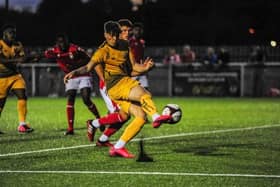 Niall Towle is pictured scoring for Basford United. He has now signed for Hucknall Town.  Pic by Craig Lamont.