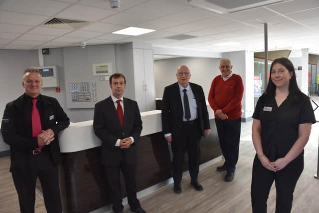 Officially opening the new front of house area at Hucknall Leisure Centre are, from left, Lorenzo Clark, Coun Lee Waters, Coun John Willmott, Coun David Shaw and Deanna Housley