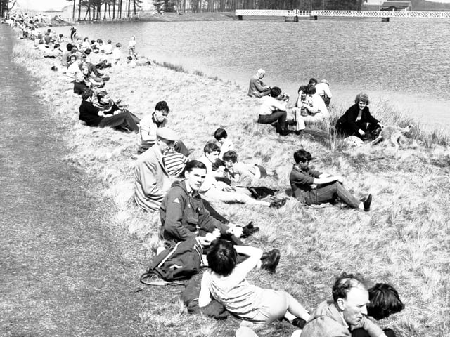 Evening News and Dispatch ramblers take a rest by the Harlaw Reservoir, near Balerno, in June 1966.
