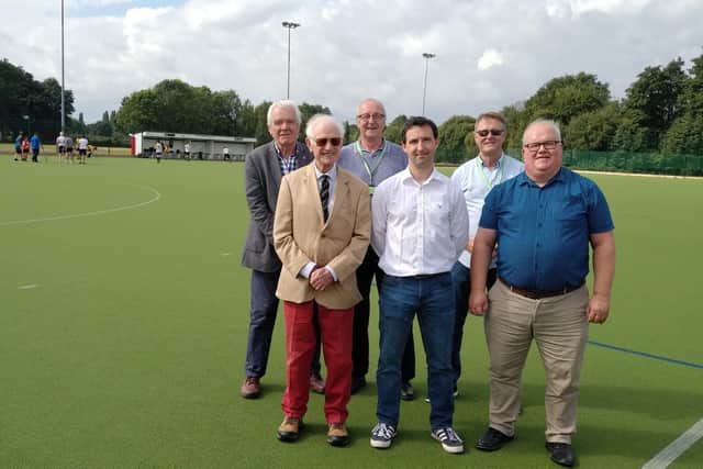 Pictured on the new pitch are, from left: Peter Quinn, Sir David Samworth, Coun John Cottee, Adam George, Coun Chris Barnfather, Phil Barber