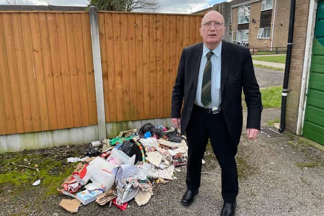 Coun John Willmott with more fly-tipped waste in Hucknall