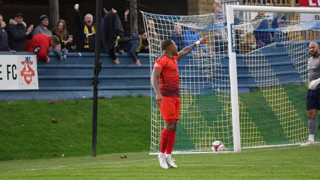 Aaron O'Connor celebrates his 4th goal in five, but it wasn't enough for 10-man Basford at Liversedge (Image: Mick Gretton)