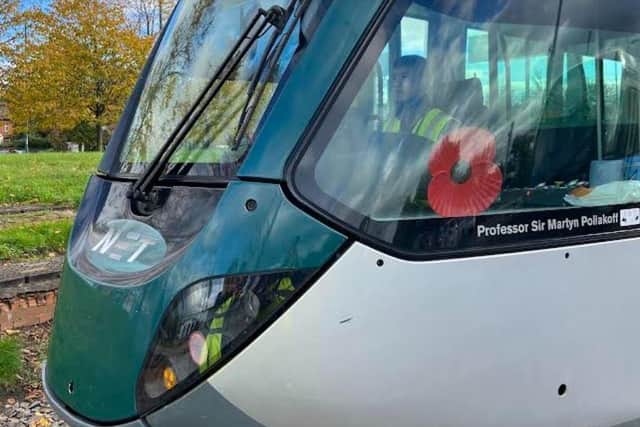 Tram cabs are displaying poppies during the Remembrance period. Photo: NET