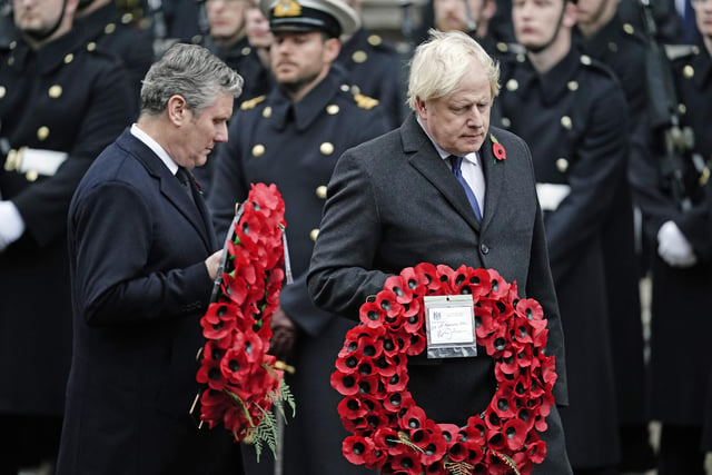 Labour leader Keir Starmer and Prime Minister Boris Johnson lay wreaths at the Remembrance Sunday service at the Cenotaph, in Whitehall, London. Picture date: Sunday November 14, 2021.