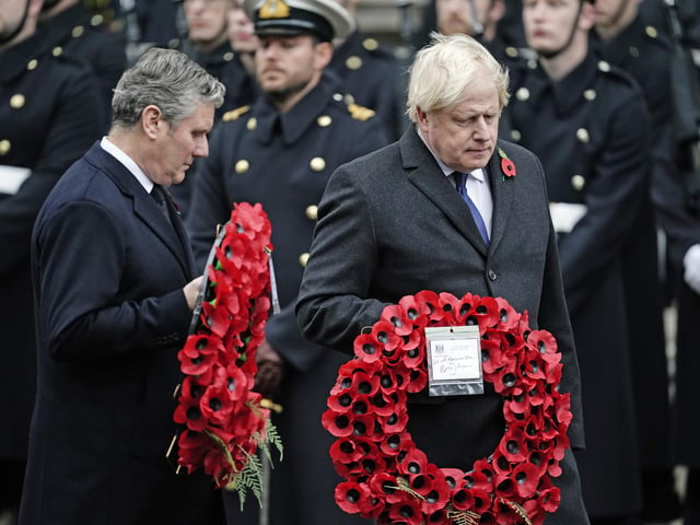 Labour leader Keir Starmer and Prime Minister Boris Johnson lay wreaths at the Remembrance Sunday service at the Cenotaph, in Whitehall, London. Picture date: Sunday November 14, 2021.
