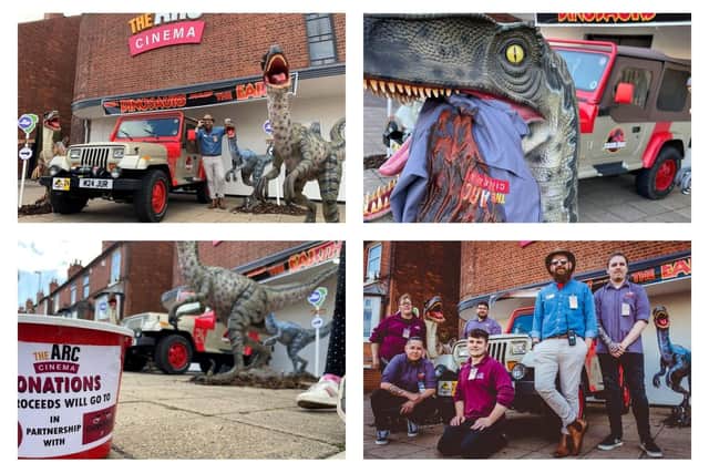 Arc Cinema staff with the Jurassic Park jeep and raptors outside the Hucknall venue