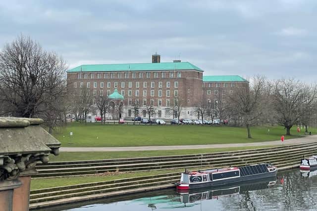 County Hall. Nottinghamshire Council's headquarters stand on the River Trent in West Bridgford.