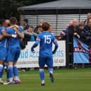 United celebrate Stef Galinski's goal deep into first-half stoppage time to secure a win at South Shields (IMAGE: Mick Gretton)