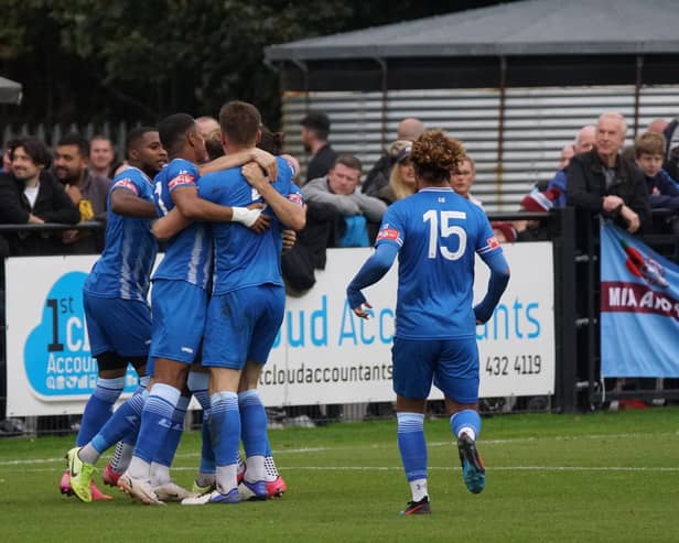 United celebrate Stef Galinski's goal deep into first-half stoppage time to secure a win at South Shields (IMAGE: Mick Gretton)