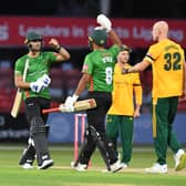 Naveen-ul-Haq celebrates hitting the winning runs with Ben Mike during the Vitality T20 Blast match between Leicestershire Foxes and Notts Outlaws. (Photo by Tony Marshall/Getty Images)