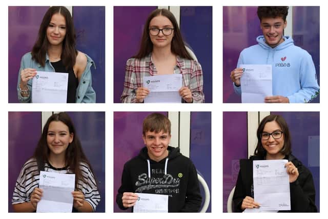 Holgate students celebrating their A-level results, clockwise from top left: Amy Ainsworth, Charlotte Sladden, Enrico Auteri, Charlie Windmill, Curtis Flint, Sophie Robinson-Develin
