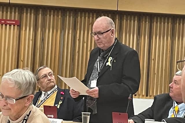 Coun Jim Blagden made his first speech to the council since beating leukaemia