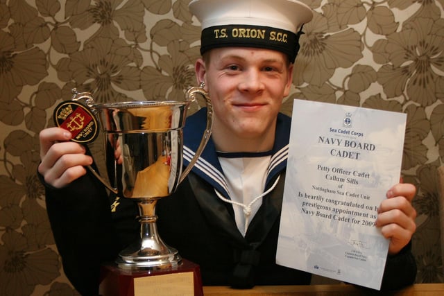 2009: Watnall's Callum Sills won the Navy board sea cadet award and is also pictured with his school trophy for student of the year.