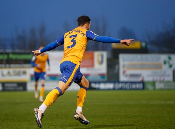 Mansfield Town defender Stephen McLaughlin celebrates his winner against Salford today. Photo by: Chris Holloway/The Bigger Picture.media