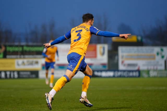Mansfield Town defender Stephen McLaughlin celebrates his winner against Salford today. Photo by: Chris Holloway/The Bigger Picture.media