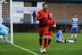 Callum Chettle celebrates after scoring his first goal for Basford United in their 1-0 win over Stalybridge Celtic on Saturday afternoon which sealed a fourth consecutive league win to move joint-top of the Northern Premier League (CREDIT: Craig Lamont)