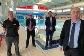 Plans for a second pool at Hucknall Leisure Centre have been rubber-stamped. Pictured at the centre, from left, Lorenzo Clark, Coun Jim Blagden, Coun Jason Zadrozny (council leader), Coun John Wilmott