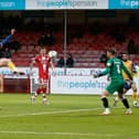 Oli Hawkins opens the scoring at Crawley on Saturday. Photo by Chris Holloway/The Bigger Picture.media