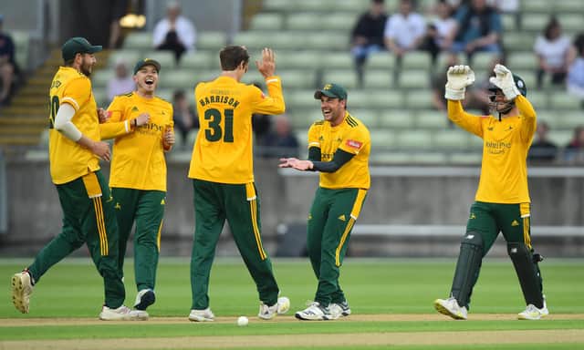 Steven Mullaney celebrates after Calvin Harrison gets Danny Briggs out during the Vitality T20 Blast match between Birmingham Bears and Notts Outlaws. (Photo by Nathan Stirk/Getty Images)