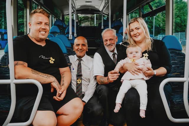 Poppy Goodall with (from left) her dad Paul Goodall, 100-mile walker Oma Shankar, granddad Adrian Cadd and mum Claire Cadd (Photo by Mark Averill)