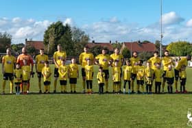 Members of the youth team Hucknall Warriors lined up with the Yellows players before the kick-off. Photo: Ashley Statham