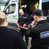 A demonstration by two officers from the neighbourhood policing team and an officer from the schools and early intervention team showcased the wide range of riot shields, helmets and door rams used by police to execute warrants.