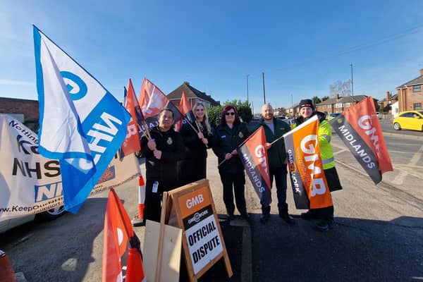 A picket line during the latest strike by ambulance staff.