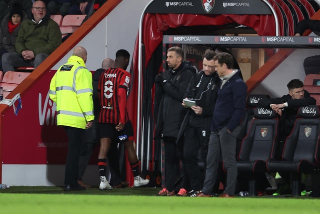 Jefferson Lerma of AFC Bournemouth leaves the pitch after receiving a red card against Birmingham City.